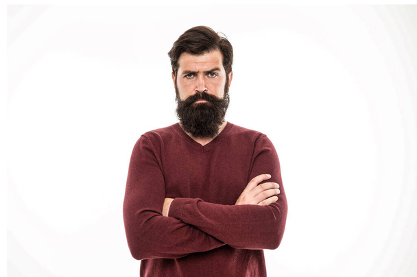 Confident in his style. serious hipster with mustache. hairdresser salon. hipster after barbershop. male fashion and beauty. beard hair care. brutal man isolated on white backdrop. mature bearded man. - Фото, зображення