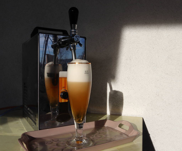 A freshly tapped glass of beer. Home tap equipment. Foaming beer. - Photo, Image