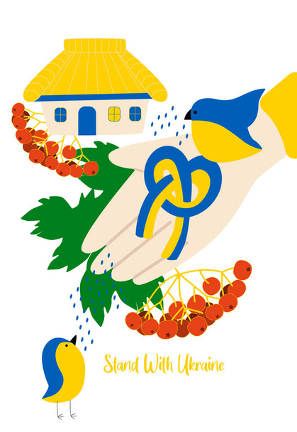 Sauver Ukraine Carte postale, Card. Bleu et jaune - couleurs du drapeau ukrainien. Symboles ukrainiens - rose guelder, maison - Vecteur, image