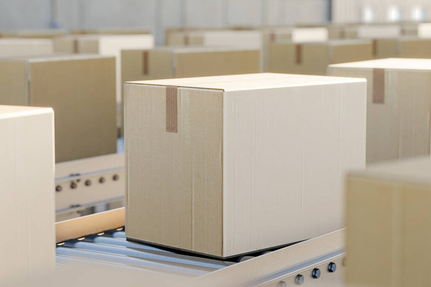 Řádky obdélníkových lepenkových krabic umístěných na dopravníkovém pásu ve skladu k dodání 3d vykreslení - Fotografie, Obrázek