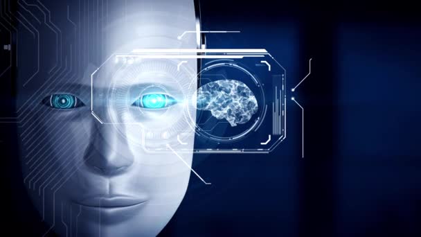 Robot hominoid face close up with graphic concept of big data analytic by AI thinking brain, artificial intelligence and machine learning process for the 4th fourth industrial revolution. 3D rendering - Video, Çekim