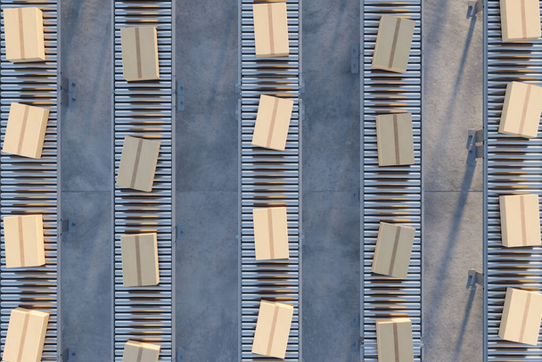 Vista superior de cajas rectángulo en cintas transportadoras en almacén listo para el envío 3d render - Foto, imagen