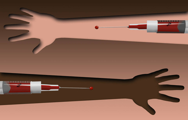 Bloeddonaties en transfusies worden hier geïllustreerd met spuiten, bloed en twee armen. Dit is een 3-d illustratie. - Foto, afbeelding