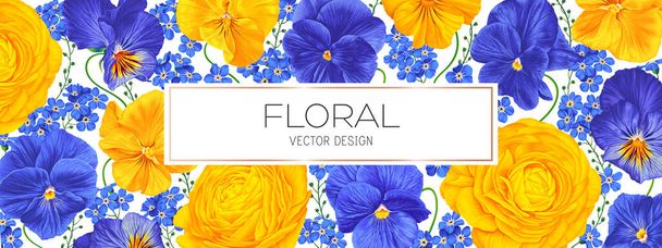 Spring floral vector background design for sales banner, poster with flowers of buttercups, pansies, forget-me-not. Realistic style, hand-drawn, vector yellow and blue flowers.Cover for a banner ad  - Vector, Imagen