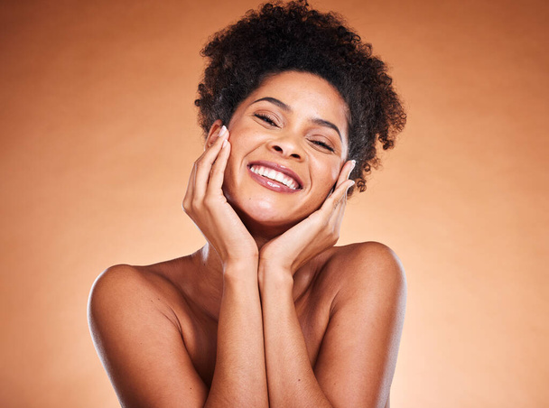 Beauty, self care and face portrait of black woman satisfied with self love treatment, skincare routine and natural cosmetics. Dermatology, luxury makeup and African girl happy with facial skin glow. - 写真・画像
