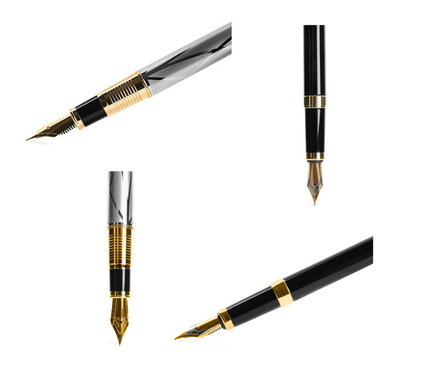 Set with different beautiful fountain pens on white background - Φωτογραφία, εικόνα