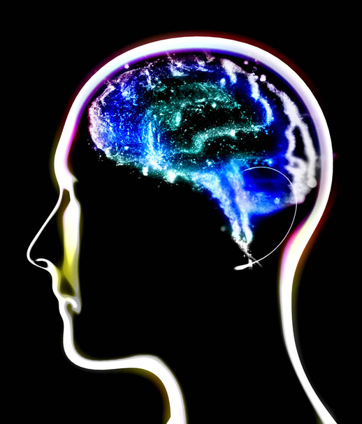 Secção de um cérebro visto em perfil, partes do cérebro. Doenças degenerativas, Parkinson, sinapses, neurónios, Alzheimers. Anatomia humana, exame ao cérebro. Silhueta de uma cara de homem sobre um fundo preto. Renderização 3d - Foto, Imagem
