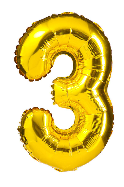 Helium golden balloon number three, 3. Isolated on white. - Fotografie, Obrázek