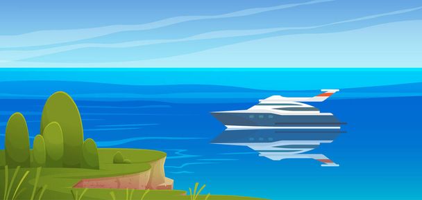 Motor boat sailing along seashore. Traveling on yachts by sea concept. Sailboat, modern yacht on open ocean vector illustration. Motor boat on water in sunny day. Beautiful scenery on ocean and ship - Vektör, Görsel