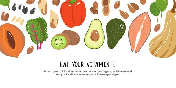 Vitamine e vector voorraad illustratie. Levensmiddelen met een hoog gehalte aan tocoferol. kiwi, mamey sapote, zwitserse chard, rode zoete peper, avocado, pompoen, Braziliaanse noten, pinda 's, zalm - Vector, afbeelding