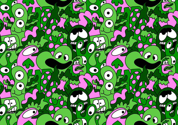 Cartoon doodle monsters seamless aliens and animals pattern for wrapping paper and fabrics and kids clothes print and linens and packaging. High quality illustration - Foto, Bild