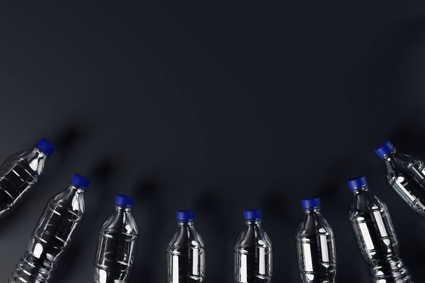 Plastikowe butelki na tle. Koncepcja recyklingu, ponownego wykorzystania tworzyw sztucznych. Ocal Ziemię. 3d renderowanie, ilustracja 3d. - Zdjęcie, obraz