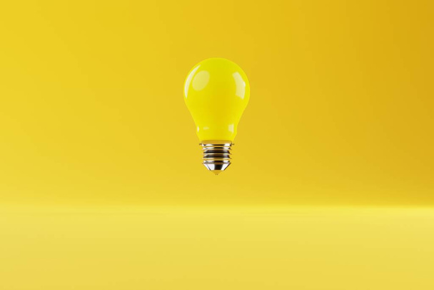 Keltainen lamppu keltaisella pohjalla. Ajatusten muodostumisen, luovuuden ja ongelmanratkaisun käsite. Idea ja luovuus. 3d renderointi - Valokuva, kuva