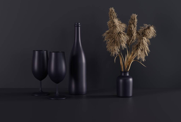 Wine glasses and a bottle of wine on a purple dark background. The concept of still life, the use of glasses, wine. 3D render, 3D illustration. - Photo, Image