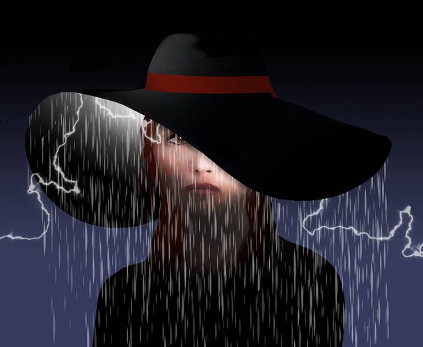 Bir kadın kötü bir gün geçiriyor ve mutsuz. Bu üç boyutlu resimde yağmur ve şimşek onun geniş kenarlı şapkasının içinden geliyor.. - Fotoğraf, Görsel
