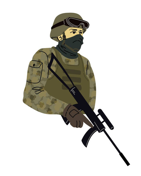 Армейский солдат в камуфляжной боевой форме с пистолетом и маской на лице. Портрет в плоском стиле мультфильма. Векторная иллюстрация на белом фоне. - Вектор,изображение