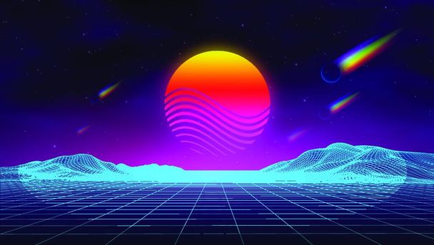 "Синтетична хвиля ретро міський пейзажний фон захід сонця 3d ландшафт з веселковими комами. Футуристичний ландшафт 1980-х років. Цифрова ретро ландшафтна кіберповерхня. 80-ті роки партійного фону. Ретро мода Sci-Fi Фон Літній пейзаж
." - Вектор, зображення