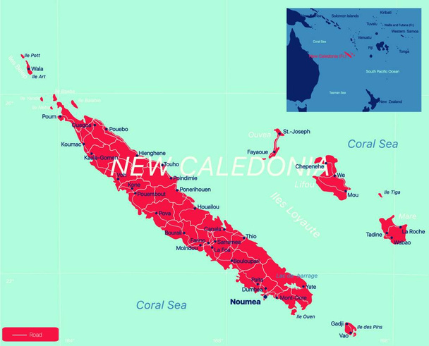 "Nova Caledónia mapa editável detalhado" - Vetor, Imagem