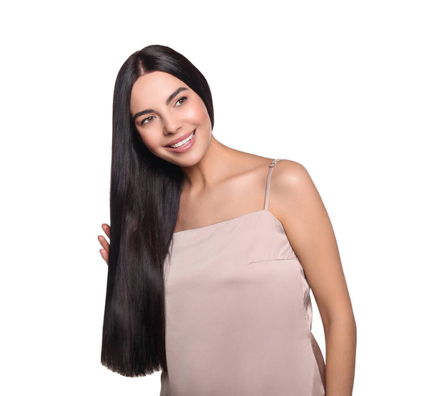 Portrait of beautiful young woman with healthy strong hair on white background - Zdjęcie, obraz