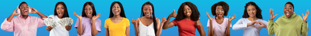 Sbírka jasných fotografií šťastných mladých černošek pózujících na modrém barevném pozadí studia, šklebících se a gestikulujících, využívajících gadgets, ukazujících peníze, sdílejících pozitivní emoce, web-banner, koláž - Fotografie, Obrázek