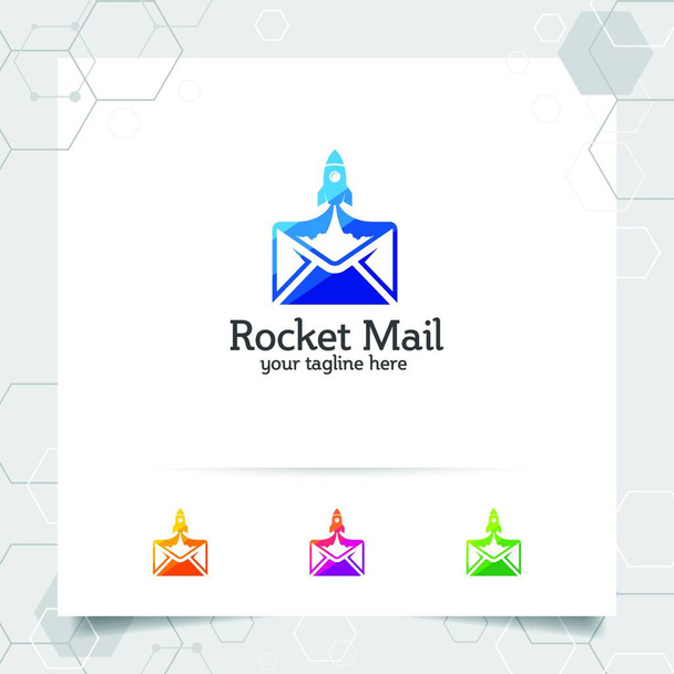"Дизайн логотипа ракеты с концепцией конверта письма и иконкой ракеты. Вектор сообщений, используемый для чата, приложения, технологии и программного обеспечения." - Вектор,изображение