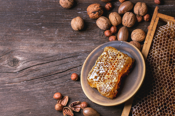 Honeycomb and nuts - Фото, изображение