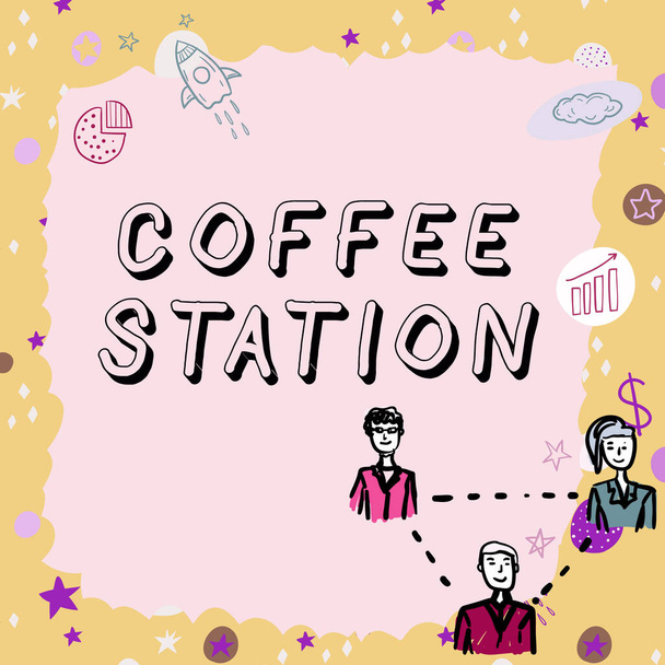 Tekst met inspiratie Coffee Station, Business showcase een klein, informeel restaurant dat meestal serveert warme dranken - Foto, afbeelding