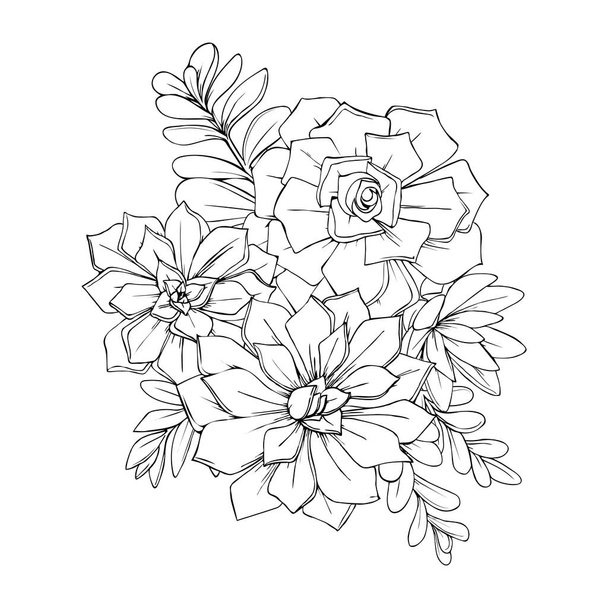 illustration of succulents flowers graphic decorative element black and white illustration vector - Vecteur, image