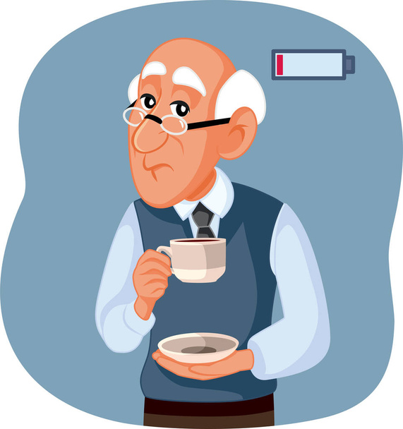 Homem idoso segurando uma xícara de café sentindo-se exausto Vector Ilustração - Vetor, Imagem