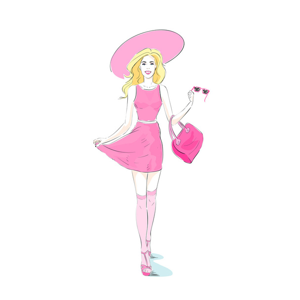 Woman in pink sexy dress - Vettoriali, immagini