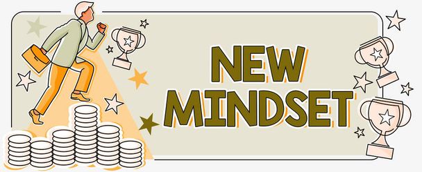 Tekenen weergeven van New Mindset, Business idee vers verzonnen gedachten en overtuigingen vormgeven van een persoon s is geest - Foto, afbeelding