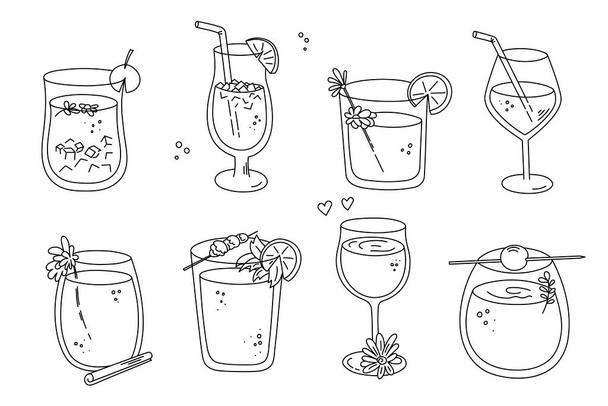 Alcoholic cocktails set, long drink beverages for holiday celebrating. Use for decorating design festive menu. Hand-drawn doodle style. Editable stroke. Isolated.Vector - Vektor, kép