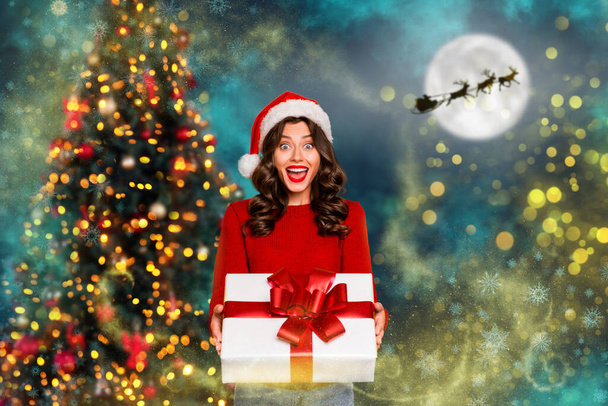 Creative photo collage illustration of positive crazy impressed girl hold gift santa flying on sled deer christmas tree on background. - Photo, Image