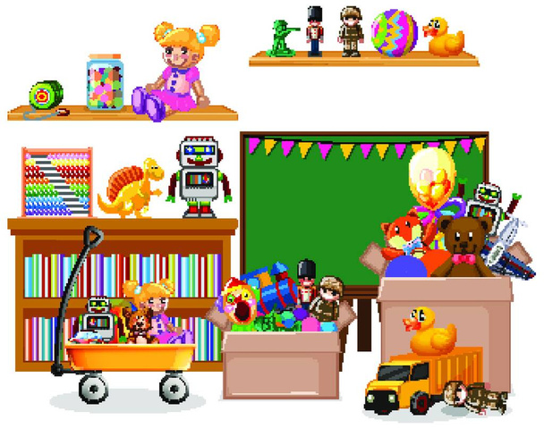 "Shelf full of books and toys on white background" - Vector, Image