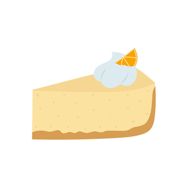 Rebanada de pastel de queso con crema batida y rodaja de limón. Postre de leche en estilo plano de dibujos animados. Ilustración vectorial aislada - Vector, imagen
