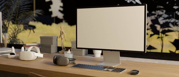 Moderni työtila ikkunaa vasten PC pöytätietokoneen mallinnus, näppäimistö, kuulokkeet, VR lasit ja sisustus puupöydälle. 3d renderöinti, 3d kuva - Valokuva, kuva