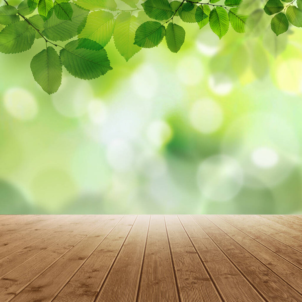 Empty wooden surface and beautiful green leaves on blurred background. Bokeh effect - 写真・画像