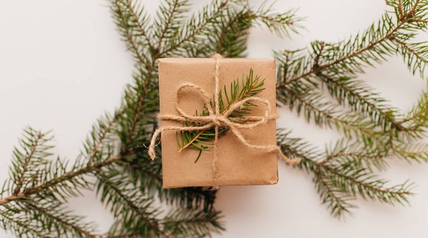 Christmas present wrapped in kraft paper with natural decoration. - Photo, image