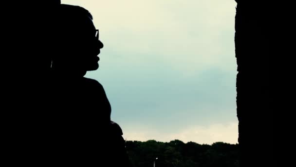 Silhouet van een man op de achtergrond van een groot raam, hij raps. Een man zingt een lied tegen een bewolkte lucht. - Video