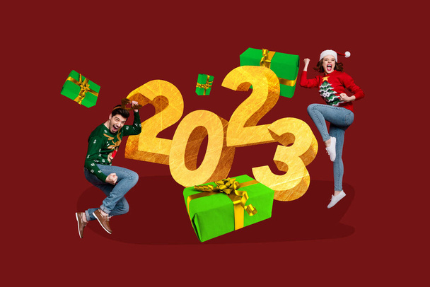 Creative photo 3d collage artwork poster postcard of two happy young person enjoy holiday 2023 new year isolated on painting background. - Foto, Imagem