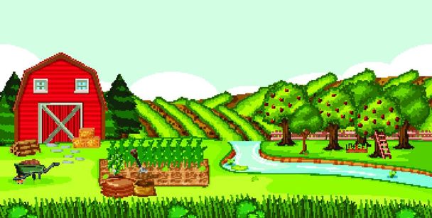 Фермерська сцена з червоним сараєм у польовому пейзажі
 - Вектор, зображення