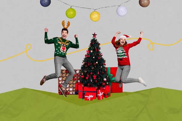 Creative collage picture of two excited overjoyed people jump raise fists newyear tree presents decor isolated on festive background. - Foto, afbeelding
