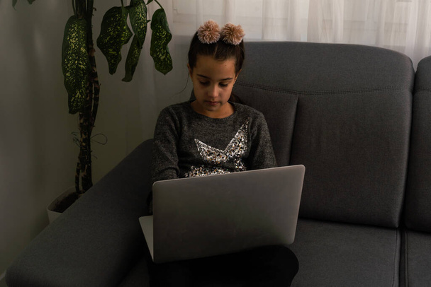 Branco Adolescente menina, com um computador em um sofá cinza em casa - Foto, Imagem