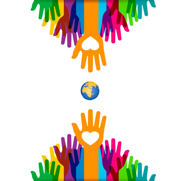 Concept of cultural diversity, world race day, colored hands with planet earth in the center - Photo, Image