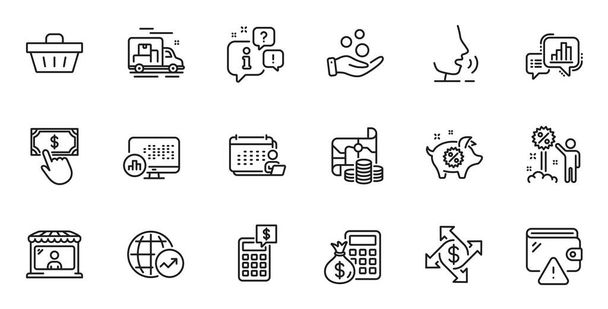 Outline set of Finance calculator, World statistics and Graph chart line icons for web application. Talk, information, delivery truck outline icon. Vector - Vector, Image