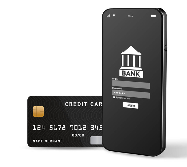 Εφαρμογή Mobile Banking. Κινητό τηλέφωνο με internet online bank app. Γουρούνι τράπεζα με εκατοδόλαρο σε λευκό φόντο. Εξοικονομήστε χρήματα επιχειρηματικό πορτοφόλι. Εικονογράφηση διανύσματος - Διάνυσμα, εικόνα