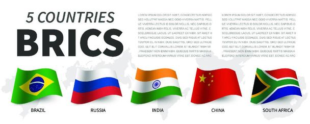"BRICS. Asociación de 5 países y banderas y mapa. Diseño de bandera ondeante. Vector
 ." - Vector, imagen