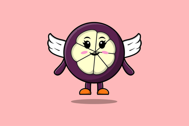 Leuke cartoon Mangosteen karakter dragen vleugels in moderne stijl ontwerp illustratie - Vector, afbeelding