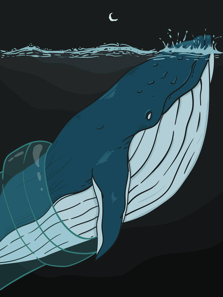 problema da poluição do oceano, conceito de dia dos oceanos mundiais, baleia fora de garrafa - Vetor, Imagem