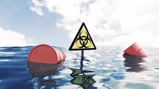 Concept of water pollution and ecology problems. Design. Barrels of fuel and biohazard sign above waving water surface  - Footage, Video